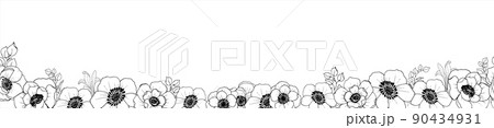 Floral border. Cute horizontal seamless pattern with anemone flowers and leaves. Line art. Vector illustration isolated on white background Floral border. Cute horizontal seamless pattern with anemone flowers and leaves. Line art. Vector illustration isolated on white background 90434931