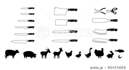 Meat symbols and chef knifes outline set. Vector stock illustration isolated on white background for design packaging label, logo, menu in restaurant or butchery. EPS10 Meat symbols and chef knifes outline set. Vector stock illustration isolated on white background for design packaging label, logo, menu in restaurant or butchery. EPS10 90435669