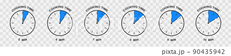 Clock faces with 5, 6, 7, 8, 9, 10 minute time interval. Cooking time icons set. Timer symbols. Infographic elements for food preparation instructions 90435942