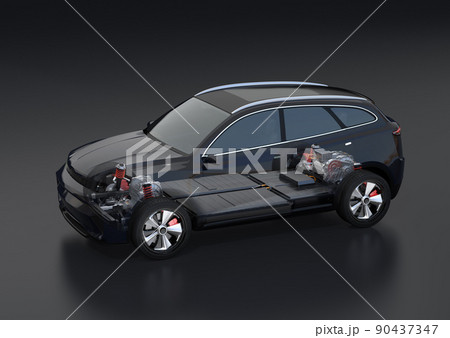 黒バックに黒色の電動SUVとバッテリーパックの合成図。電気自動車の車台構造イメージ。 90437347