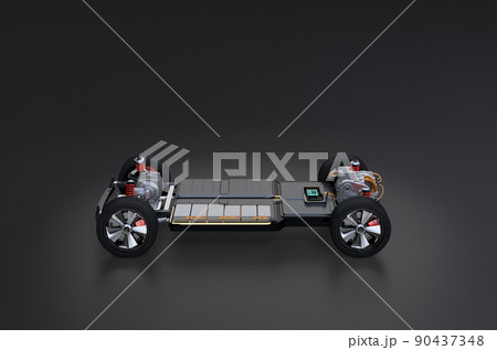 黒バックに2モータの4輪駆動電気自動車用のプラットフォーム構造のカットイメージ 黒バックに2モータの4輪駆動電気自動車用のプラットフォーム構造のカットイメージ 90437348