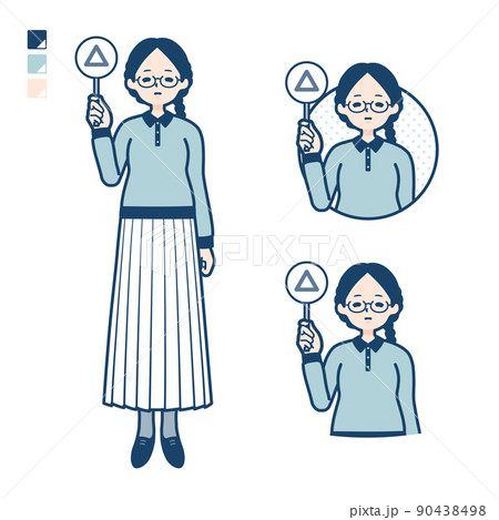 眼鏡をかけた女性が三角印パネルを出すイラスト 90438498