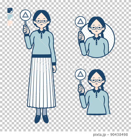 眼鏡をかけた女性が三角印パネルを出すイラスト 90438498