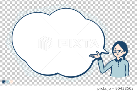 Illustration of a woman wearing glasses explaining with a balloon Illustration of a woman wearing glasses explaining with a balloon 90438502