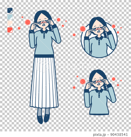 Illustration of a woman wearing glasses suffering from pollen allergies Illustration of a woman wearing glasses suffering from pollen allergies 90438541