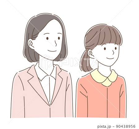 一緒に上を見上げる女性教師と私服姿の女子学生 一緒に上を見上げる女性教師と私服姿の女子学生 90438956