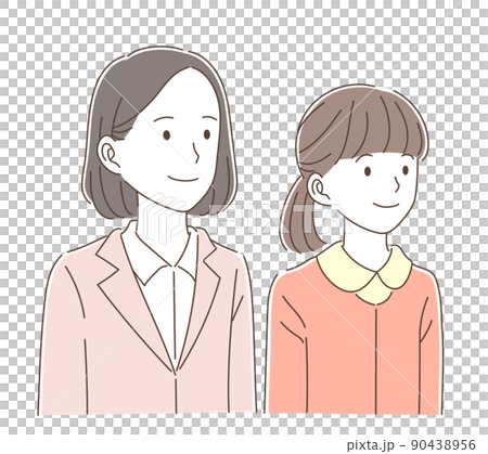 一緒に上を見上げる女性教師と私服姿の女子学生 一緒に上を見上げる女性教師と私服姿の女子学生 90438956