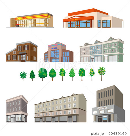 様々な建物のパースイラスト. 建物の外観. 様々な建物のパースイラスト. 建物の外観. 90439149