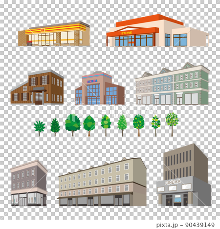 様々な建物のパースイラスト. 建物の外観. 様々な建物のパースイラスト. 建物の外観. 90439149