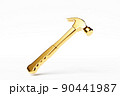 3D illustration of a   golden hammer hand tool isolated on a monocrome background. 3D render and illustration of repair and installation tool 90441987