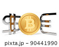 3d illustration of  gold euro, bitcoin  and silver dollar money icons on  white isolated background. Currency exchange symbol, rising prices. Convert dollar to euro and back. 90441990