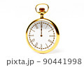 3d illustration of antique golden round clock on white isolated background. Stopwatch icon, logo. Chronometer, vintage timer 90441998