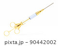 3D rendering. Close-up of a metal  golden syringe with a vaccine against serious diseases on a white isolated background.  Coronovirus vaccination and pandemic control 90442002