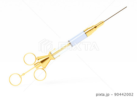 3D rendering. Close-up of a metal  golden syringe with a vaccine against serious diseases on a white isolated background.  Coronovirus vaccination and pandemic control 90442002