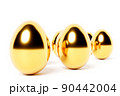 3d illustration of golden chicken eggs lined up in even rows. Easter eggs 90442004