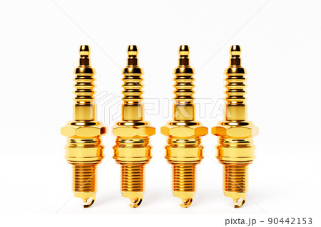 Golden spark plugs on white background. 3d illustration. Car Repair Parts Golden spark plugs on white background. 3d illustration. Car Repair Parts 90442153