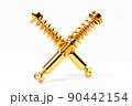 Two golden  shock absorber car on white background. 3d illustration. Suspension Parts  90442154