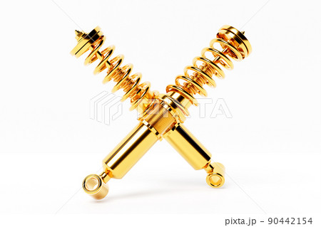 Two golden shock absorber car on white background. 3d illustration. Suspension Parts Two golden shock absorber car on white background. 3d illustration. Suspension Parts 90442154