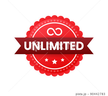 Red ribbon on Unlimited text on white background. Promotion sign. Vector stock illustration 90442783