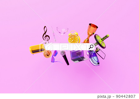 3D illustration, search bar design element with  different equipment:  roller, winner cup, sunglasses,  sofa, glasses, microphone,music clef, clock, present, sofa and other. Search bar for website and 90442807