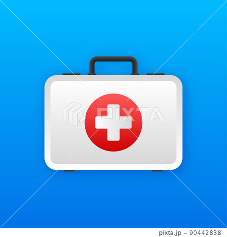 Cartoon icon with red first aid on white background for medical design. Flat vector illustration 90442838