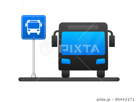 Blue banner with bus station. Vector line illustration. Vector flat illustration 90443371