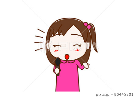 （上半身正面）笑顔でマイクを使ってインタビューする少女 90445501