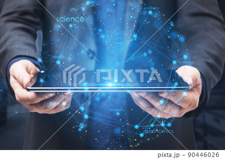 Cyberspace network and big data visualization concept with digital tablet in man hands and digital futuristic sphere from abstract glowing network connections Cyberspace network and big data visualization concept with digital tablet in man hands and digital futuristic sphere from abstract glowing network connections 90446026