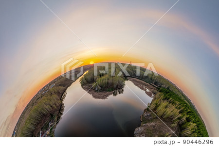 Confluence of the Iset and Kamenka rivers in the city Kamensk-Uralskiy. Iset and Kamenka rivers, Kamensk-Uralskiy, Sverdlovsk region, Ural mountains, Russia. Little planet sphere mode 90446296