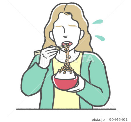 日本食の納豆が苦手で 無理に食べる外国人女性のイラスト素材