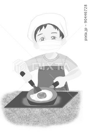 人物の素材 三角巾とマスクをつけて目玉焼きを作る少年 白黒 上半身 人物の素材 三角巾とマスクをつけて目玉焼きを作る少年 白黒 上半身 90446728