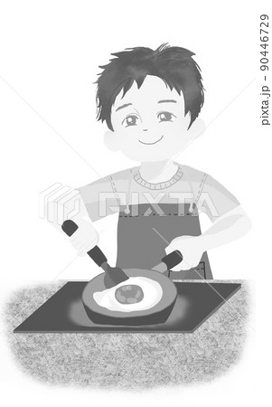 人物の素材　目玉焼きを作る少年　白黒　上半身 90446729