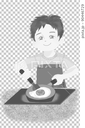 人物の素材　目玉焼きを作る少年　白黒　上半身 90446729