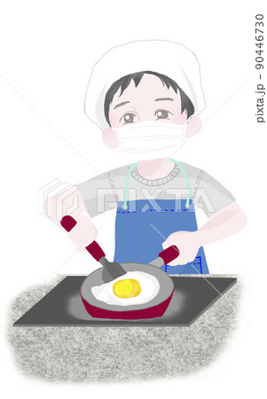 人物の素材 三角巾とマスクをつけて目玉焼きを作る少年 カラー 上半身 人物の素材 三角巾とマスクをつけて目玉焼きを作る少年 カラー 上半身 90446730