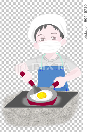 人物の素材 三角巾とマスクをつけて目玉焼きを作る少年 カラー 上半身 人物の素材 三角巾とマスクをつけて目玉焼きを作る少年 カラー 上半身 90446730