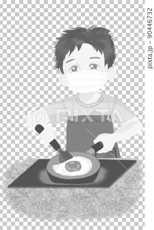 人物の素材　マスクをつけて目玉焼きを作る少年　白黒　上半身 90446732