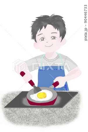人物の素材 目玉焼きを作る少年 カラー 上半身 人物の素材 目玉焼きを作る少年 カラー 上半身 90446733