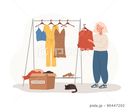 Clothes donation. Elderly woman putting old clothes ready to be shared or recycled from wardrobe to cardboard box. Volunteering and social care. International charity day. Vector cartoon illustration 90447202