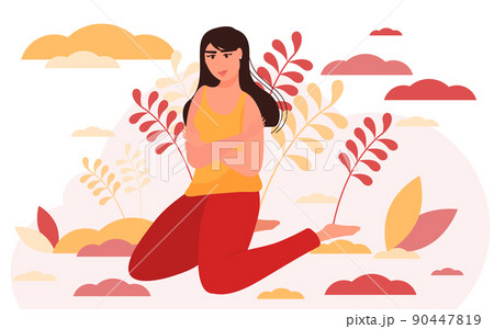 Positive body, self-love concept. Happy plus size woman smiling and hugging herself.  90447819