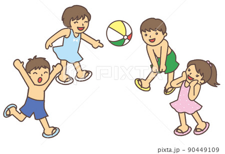 水着姿でビーチバレーをする男の子と女の子のグループ 90449109