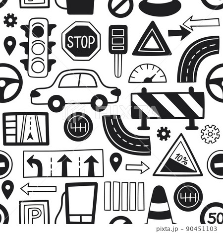 Hand drawn drive symbols seamless pattern. Doodle cars, road objects, traffic sign and automobile symbols. Vector illustration for driving school auto parts store, service centers on white background Hand drawn drive symbols seamless pattern. Doodle cars, road objects, traffic sign and automobile symbols. Vector illustration for driving school auto parts store, service centers on white background 90451103