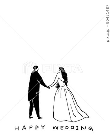 手をつないだ新郎新婦 ,結婚式、ウエディング、下文字あり（縦、下中央配置） 90451487