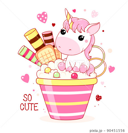 Cute baby card in kawaii style. Lovely unicorn and ice cream. Inscription So cute 90451556