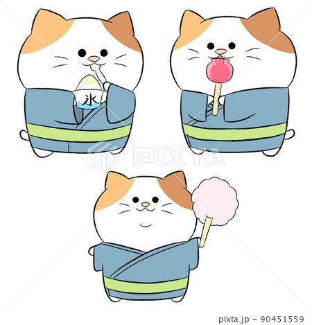 祭を楽しむゆるかわ三毛猫 3点セットのイラスト素材