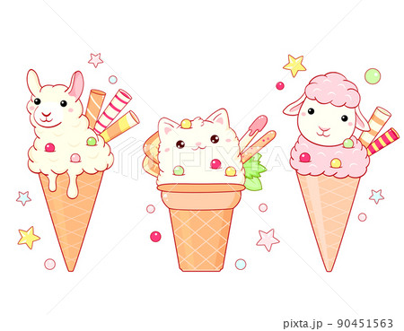 Pink Ice Cream in a Waffle Cone with Sprinkles and Gzaz, Kawaii Sweets,  Vector, Cute Drawing for Kids Stock Vector - Illustration of candy, drawing:  199550817