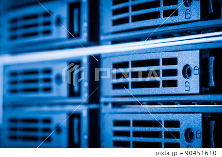 Row of hard disks used for data storage in internet data center Row of hard disks used for data storage in internet data center 90451610