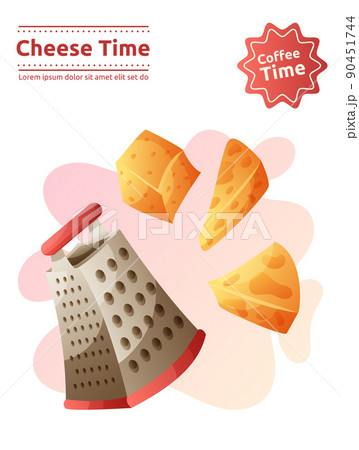 A grater with fresh cheese poster template. Kitchen utensil, home made dish, cheese time concept. 90451744