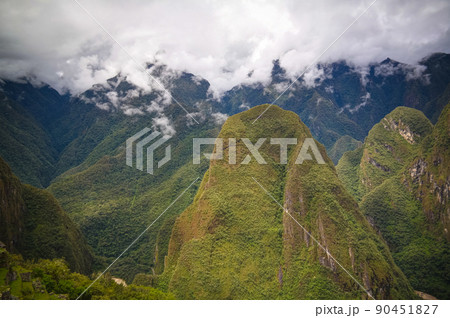 Panoramic view to Machu Picchu archaeological site with Polygonal masonry, Cuzco, Peru Panoramic view to Machu Picchu archaeological site with Polygonal masonry, Cuzco, Peru 90451827
