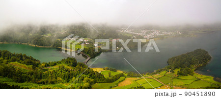 Aerial view to Azul and Verde lakes at Sete Cidades, Sao Miguel, Azores, Portugal 90451890
