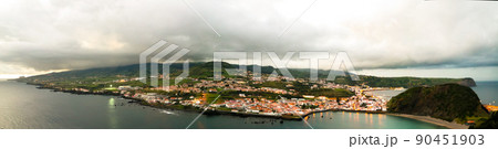Sunset view to Porto Pim Bay from mount Guia at Faial island, Azores, Portugal Sunset view to Porto Pim Bay from mount Guia at Faial island, Azores, Portugal 90451903